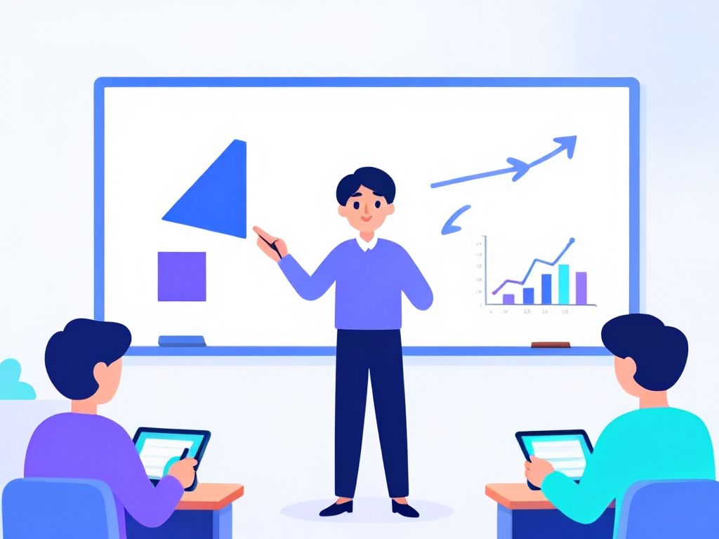教师站在白板前讲解，学生用平板电脑互动学习